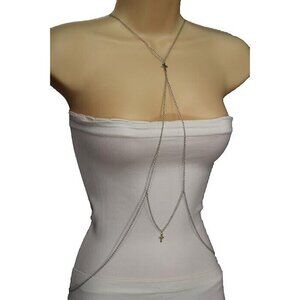 New Women Necklace Fashion Silver Body Chain Jewelry Harness Double Cross Charms